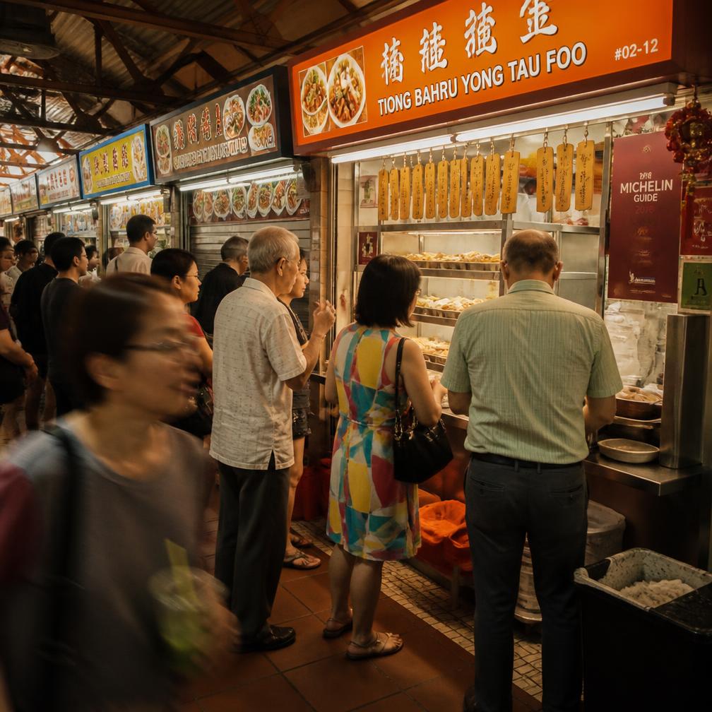 Lunchtime queue of customers at a Singapore hawker centre stall