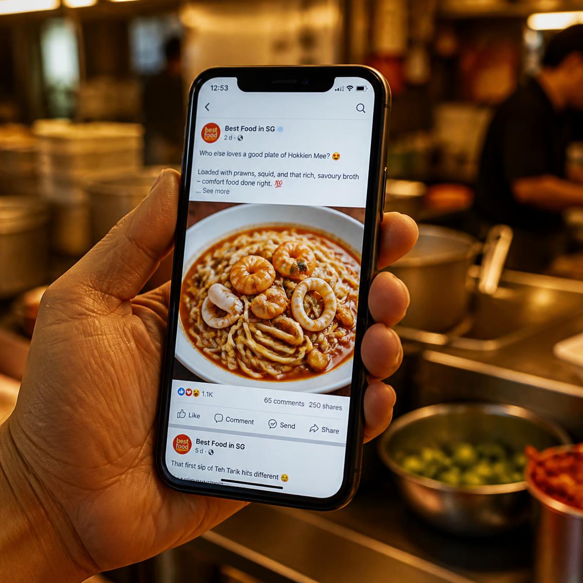 Hawker stall owner holding a phone showing a finished social media food post